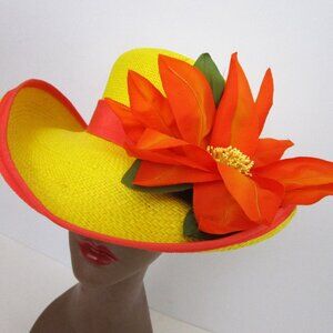 Vivid Yellow Straw Hat Huge Orange Silk Flower Wide Brim Sun Protection